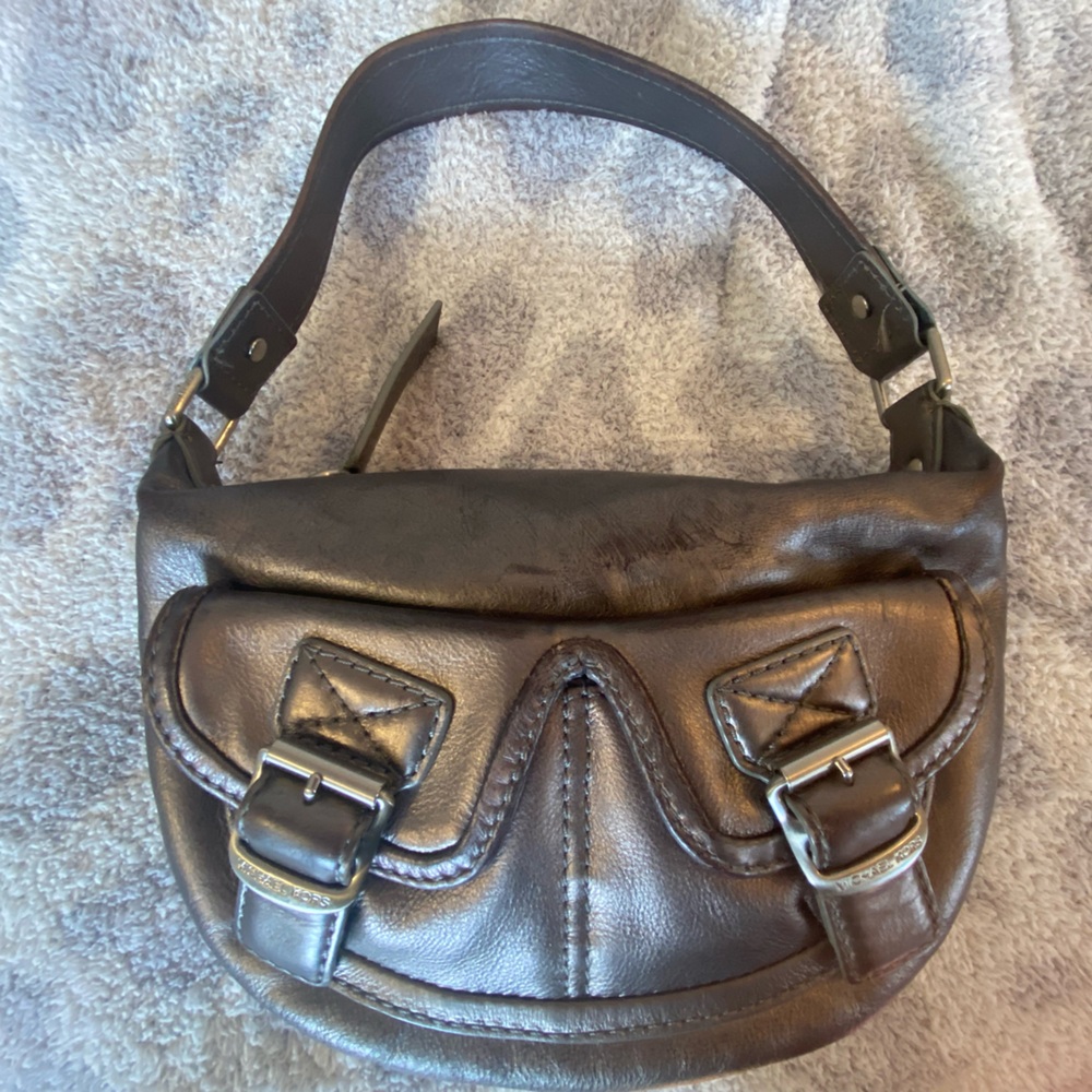 Michael Michael Kors Silver Leather Shoulder Bag with Front Buckle Pockets